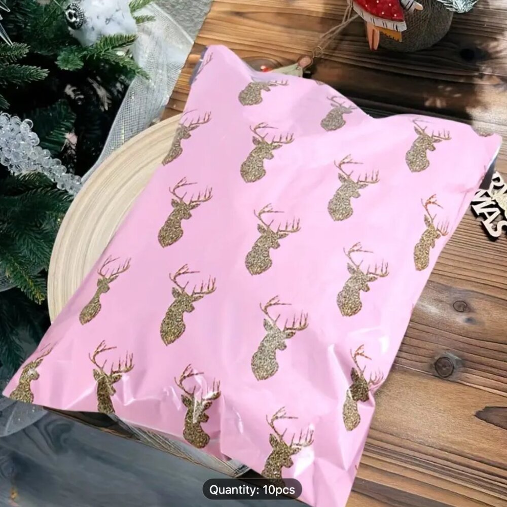 10pcs Golden and Pink Reindeer Christmas Poly Mailers